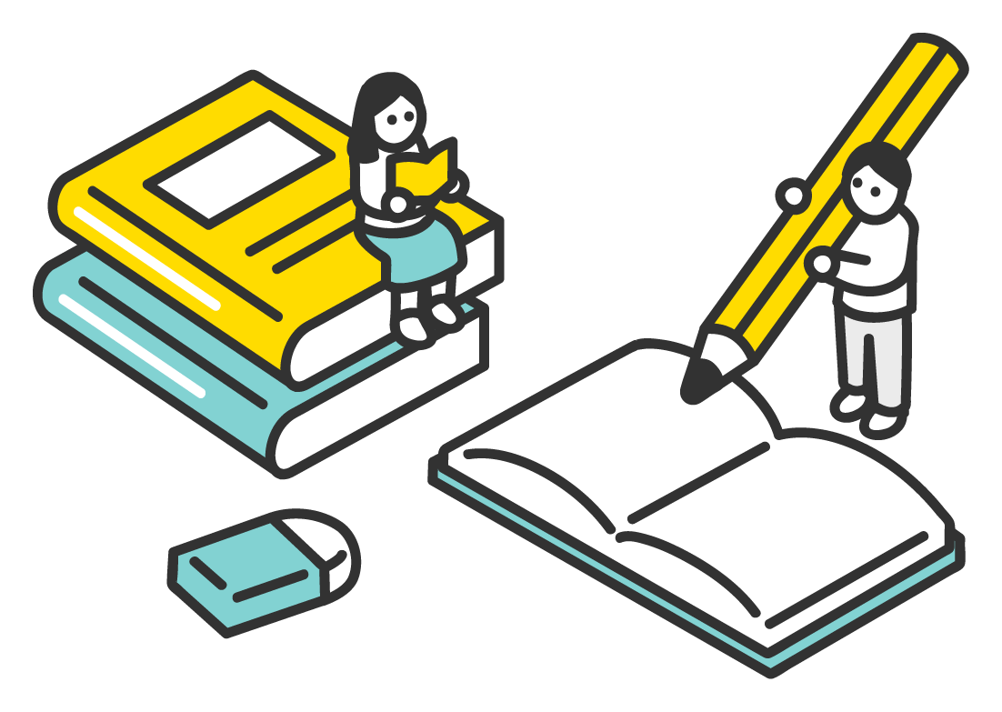 本、ノート、筆記具の学習イラスト
